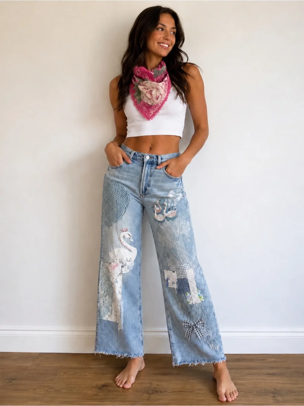 Pink Floral Lace Bandana Scarf - Women's Pink Neck Wrap